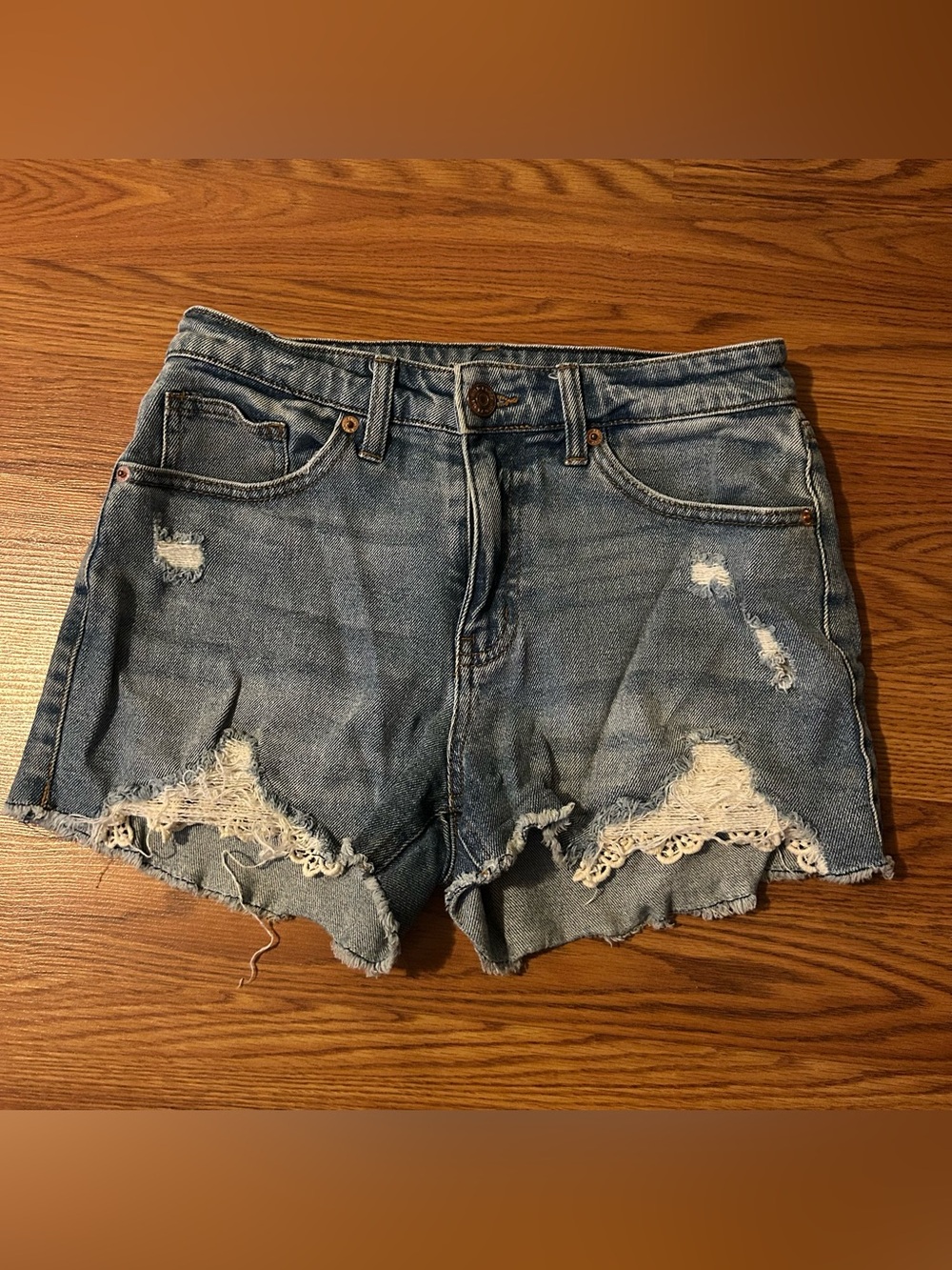 Wild Fable Distressed Floral Lace-Trim Denim Shorts